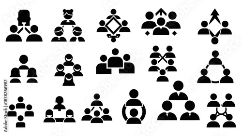 A collection of black silhouette icons depicting various groups of people, organizational structures, teams, networks, and social connections.