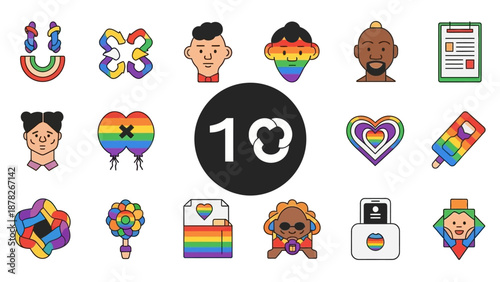Collection of diverse LGBTQ+ pride-themed icons featuring faces, hearts, rainbows, and abstract shapes, celebrating diversity and inclusion.