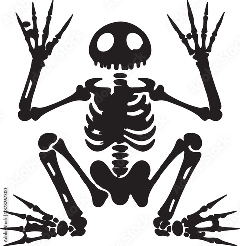 Minimalist black and white vector illustration of a frog skeleton, perfect for educational materials, Halloween decorations, or unique graphic design projects
