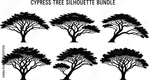 Cypress tree silhouettes bundle, black nature vector illustration set, elegant evergreen tree shapes for landscape design, forest graphics, branding, decorative artwork