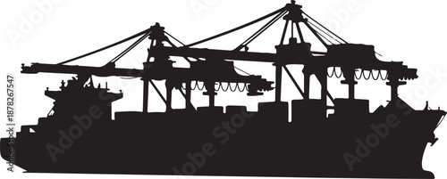 Vector silhouette illustration of a large cargo container ship at a port, with gantry cranes handling freight, symbolizing global trade and efficient shipping