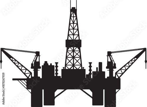 Black silhouette illustration of an offshore oil drilling rig, a powerful symbol of the global energy industry, petroleum extraction, and advanced industrial marine technology