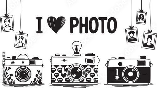 Creative Black and White Vector Illustration of Cameras and Photos Celebrating a Love for Photography