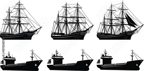 Collection of Black Silhouette Vintage Wooden Sailing Ships and Modern Industrial Cargo Vessels Isolated on White Background Representing Maritime History Transportation Logistics and Nautica