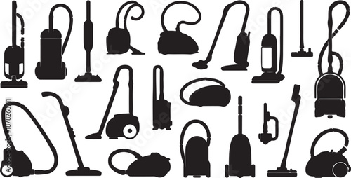 A collection of black and white silhouette illustrations of various types of vacuum cleaners, showcasing different designs and functionalities for cleaning purposes