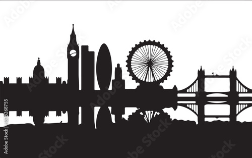 Stunning minimalist black and white silhouette of a major European city skyline, showcasing iconic landmarks and their elegant reflection. A modern vector graphic