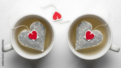 Wallpaper Mural Overhead View of Two Cups of Tea with Heart Shaped Tea Bags on a White Surface Torontodigital.ca
