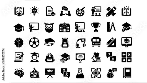 Collection of solid black universal icons including education, travel, finance, communication, and daily activities. Perfect for websites, apps, infographics, and interface design.