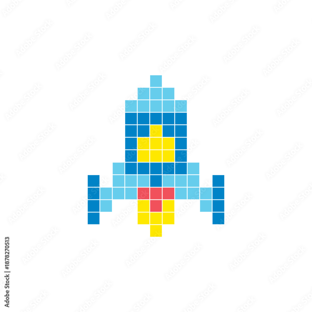 Obraz premium A flat pixel design made of geometric square color blocks on a clean icon layout. Pixel art rocket