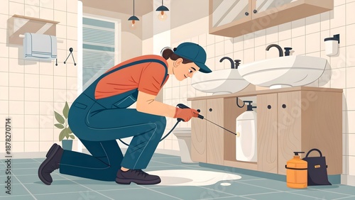 Pest control technician checking under sinks for pest activity