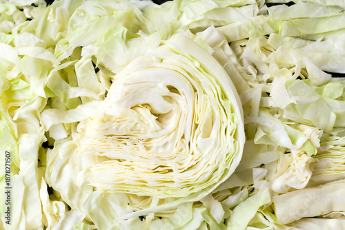 Chopped white cabbage, food background,top view