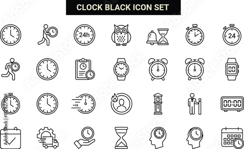 Clock icon set, time management symbols, stopwatch, alarm, calendar, urgency, scheduling, punctuality, vector graphics, black outline