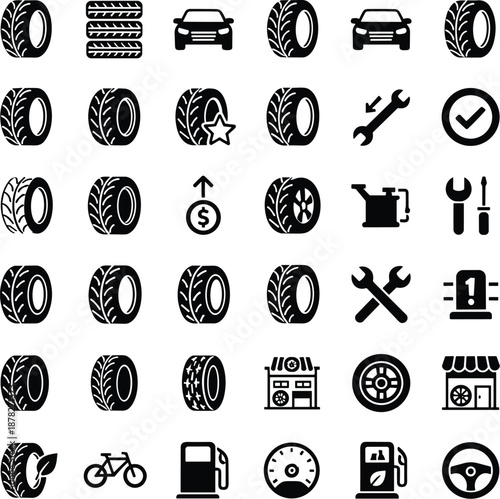 Automotive icons collection, tire tread symbols, car repair tools, eco-friendly vehicle service, maintenance, speedometer, gas pump graphics
