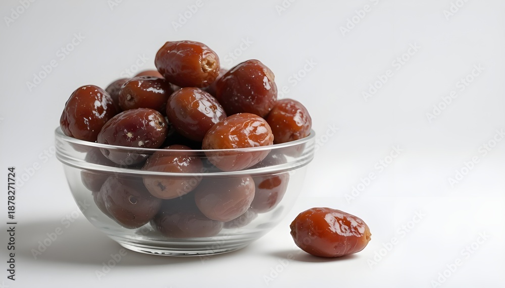 Obraz premium Fresh dates fruit in glass bowl, studio lighting, white background