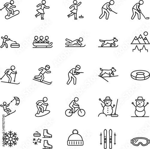 Winter sports icons set, snow activities, skiing, snowboarding, ice skating, cold weather gear, vector blue line style