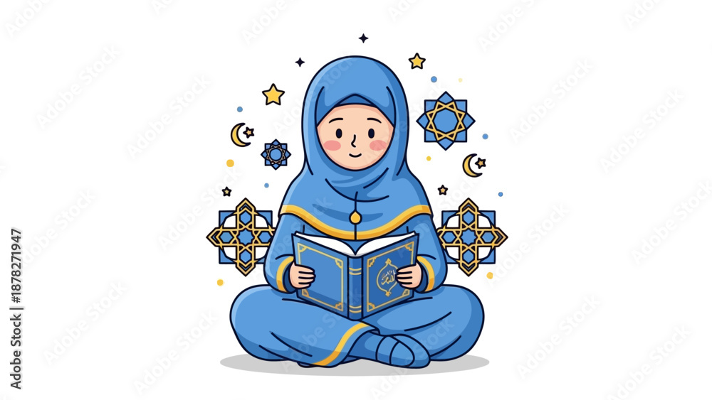 Naklejka premium Young Muslim girl reading a sacred text surrounded by geometric and celestial