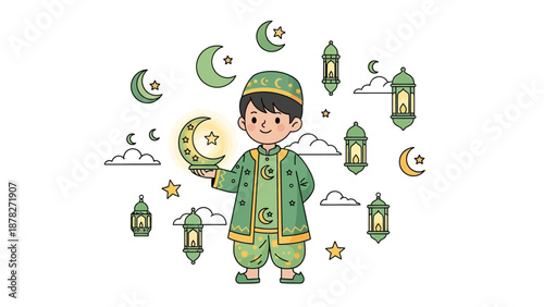Playful Child in Traditional Moon and Lantern Costume Surrounded by Celestial