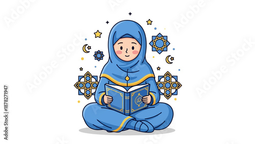 Young Muslim girl reading a sacred text surrounded by geometric and celestial