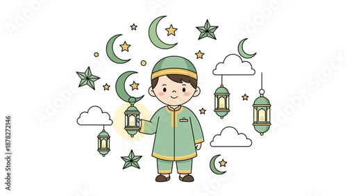 Cute cartoon boy surrounded by celestial elements and hanging lanterns for