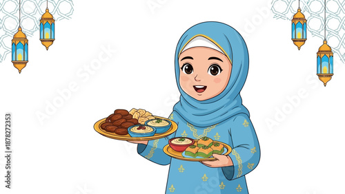 Joyful young girl in traditional attire presenting an array of colorful Middle