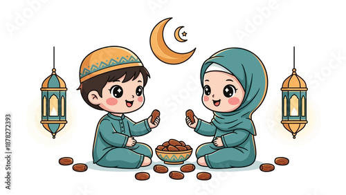 Festive muslim children sharing sweets during Ramadan night celebration