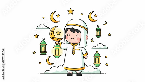 Adorable Cartoon Child Wearing Traditional Clothing Amid Nighttime Cloud and