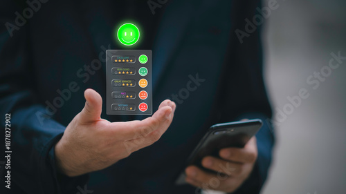 Wallpaper Mural Businessman using smartphone to give five-star rating and positive feedback through virtual interface. Concept of customer satisfaction, user experience, review system, and digital feedback. Torontodigital.ca