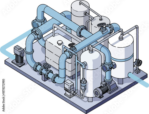 Photos Isometric illustration of a complex water treatment or fluid processing skid sys