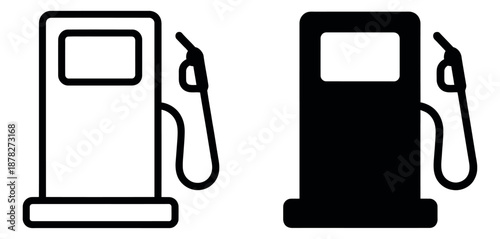 Line art and solid gas pump icon set featuring fuel dispensers for transportation and energy concepts