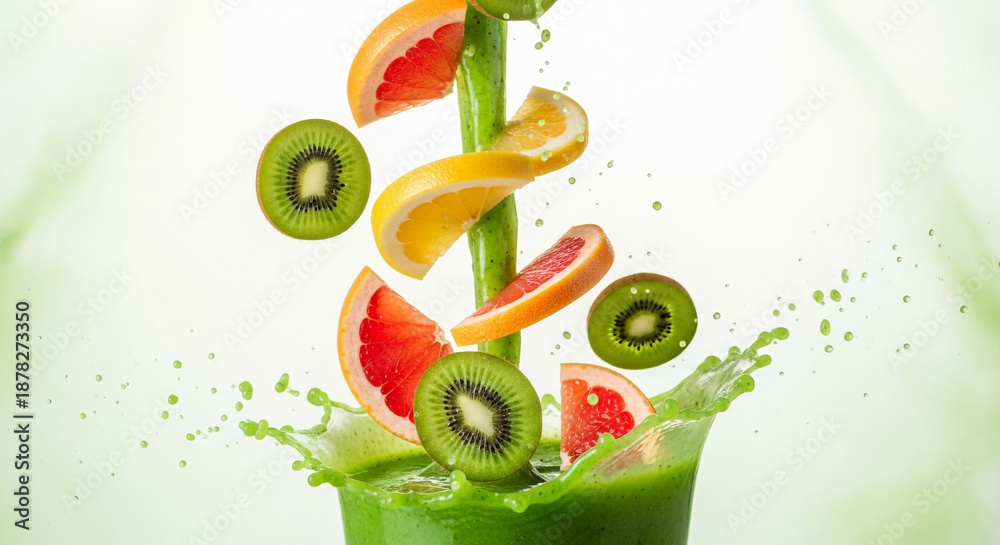 Naklejka premium Dynamic Green Smoothie with Citrus and Kiwi Flying in Motion 