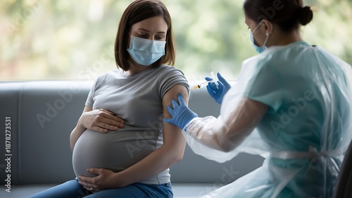Pregnant woman with a face mask gets a protective vaccine from a nurse in a modern clinic environment