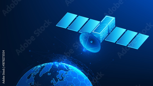 Satellite Technology Background with Central Server Hub Orbiting Earth, Global Data Network, Space Communication, Cloud Computing and Worldwide Internet Connectivity Concept