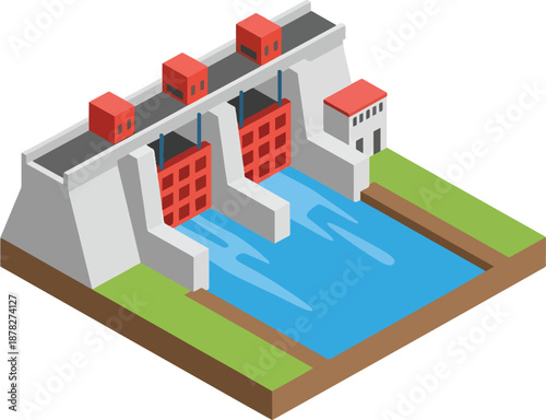 Isometric illustration of a multigate water dam structure releasing water