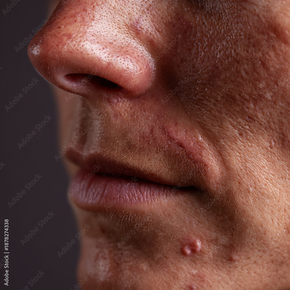 Fototapeta premium Macro image of facial skin with post-acne scars and uneven texture on white background
