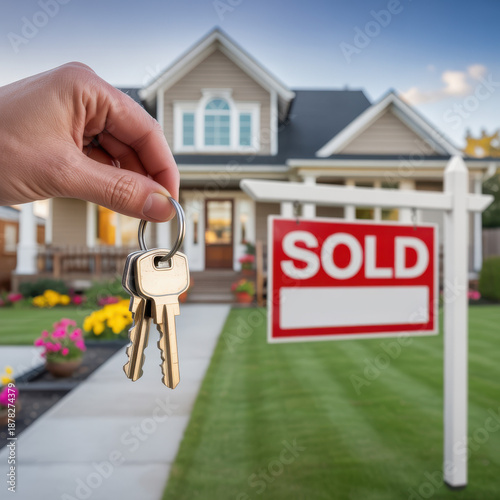 Hand holding house keys in front of sold real estate sign with modern family home and garden in background property purchase closing concept for realtor listing mortgage approval move in