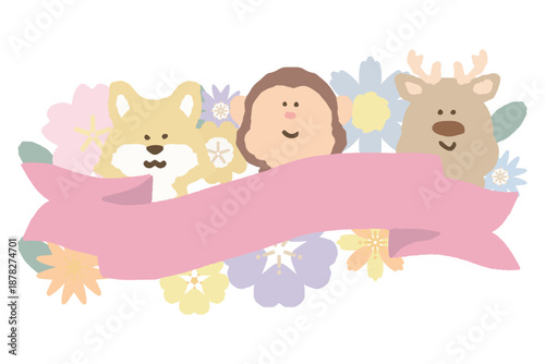 ふんわり春色 卒園・入園シリーズ｜文字入れしやすい 動物とお花のイラストカット / Animal & Flower Banner Illustration for Graduation