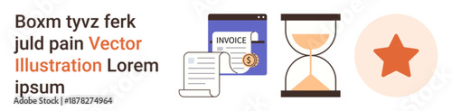 Time management, financial transactions, billing, business productivity, achievements, workflow. Elements include an invoice, hourglass and star icon. Time management and billing ion