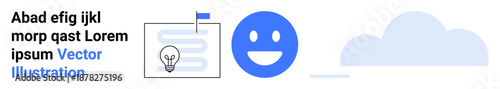 Technology, innovation, creative ideas, communication, positivity, simplicity. Blue happy face, text slide with light bulb and cloud graphic. Technology and innovation concept