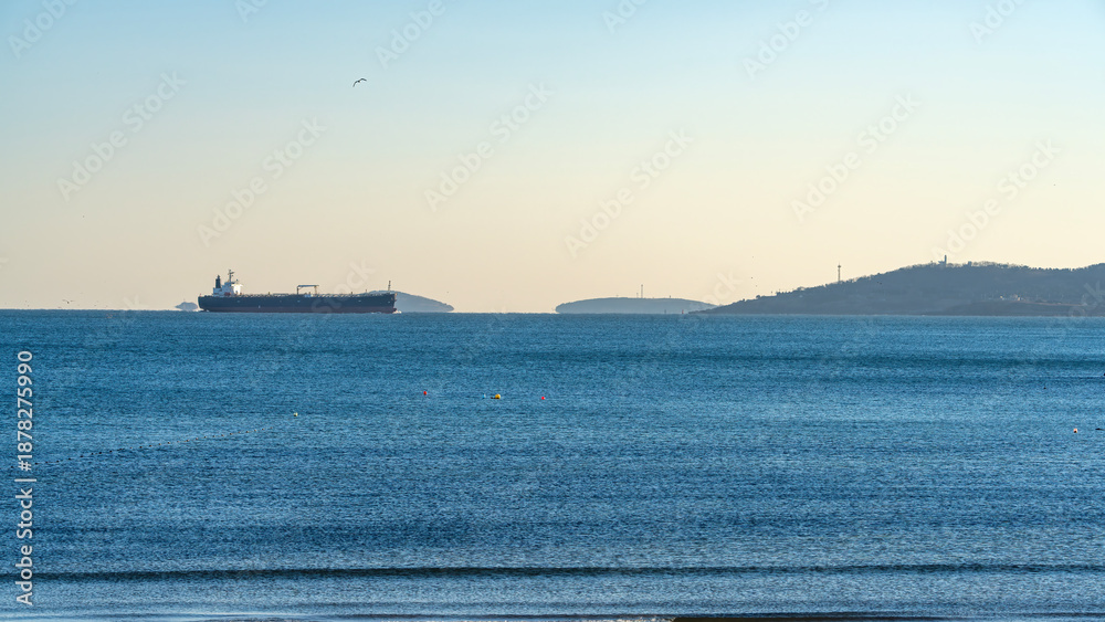 Fototapeta premium Large Cargo Ship in Calm Ocean Near Coast