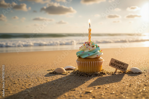 happy birthday cupcake on the beach, Cute cupcake with lit candle placed on beach sand, sunlight shining on it, ocean waves in background, warm cheerful birthday theme