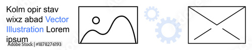 Business development, digital technology, communication, system functions, user interface design, messaging apps. Icons of landscape, gears and an envelope. Digital technology and communication