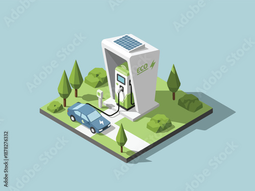 Isometric illustration of an electric vehicle charging station powered by solar panels