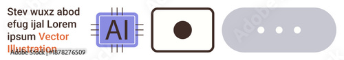 Artificial intelligence, technology, data visualization, user interfaces, digital design, computing systems. Abstract visuals including an AI chip, a button and a loading icon. Artificial