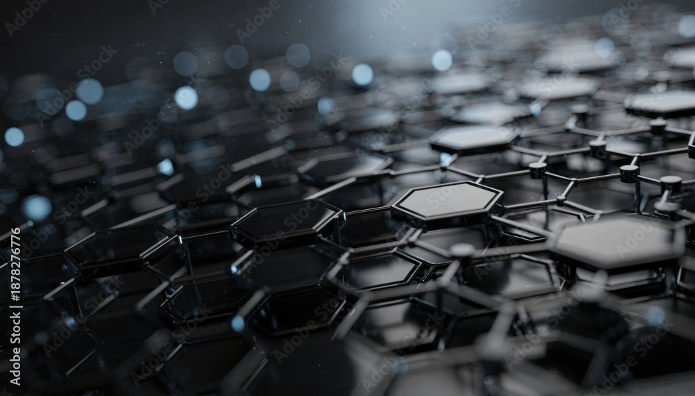 Obraz premium Abstract dark hexagonal network structure with glowing blue lights and bokeh effect