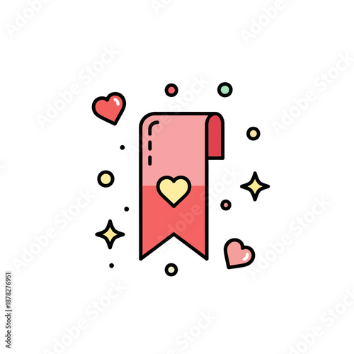 Cute cartoon style illustrated pink bookmark with hearts and sparkles for