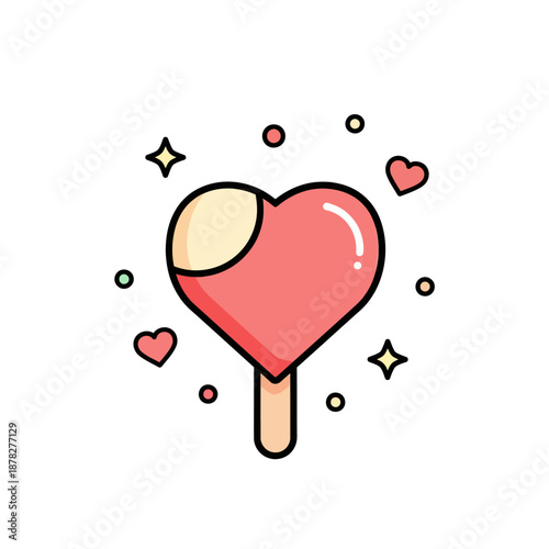 Cute heart-shaped lollipop with scattered love-themed elements and sparkles