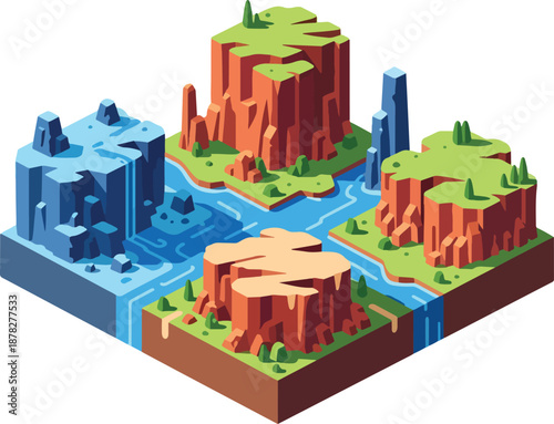 Isometric illustration of four distinct biomes meeting at a central river intersection