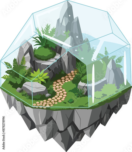 Isometric terrarium with rocky mountain landscape and stepping stone path