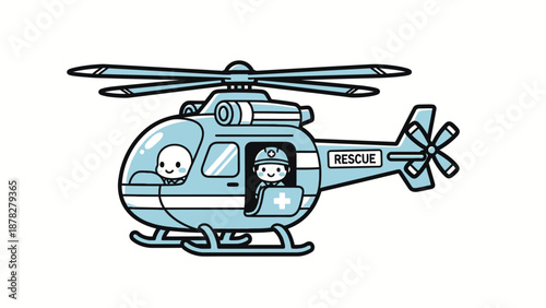 Cute cartoon rescue helicopter with pilot and robotic companion in blue and