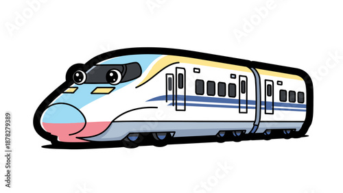 Cartoon High-Speed Modern Bullet Train Traveling Through Scenic Landscape